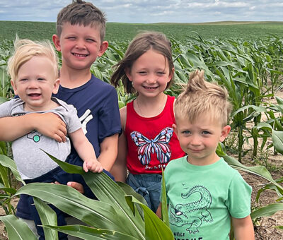 four young children standing in a corn field