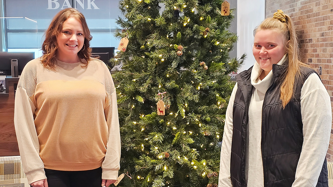 two women posing with christmas tree between them